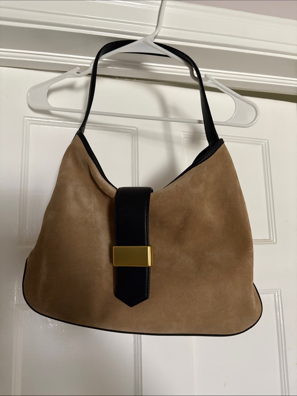 J. Crew Tan Suede Shoulder Bag with Black Trim and Gold Accent